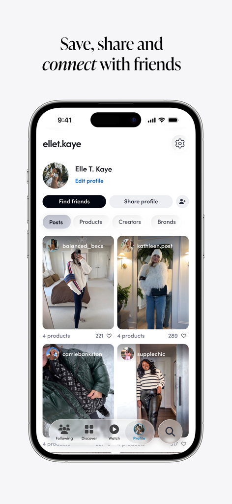 LTK app profile screen showing fashion creator posts and social shopping features
