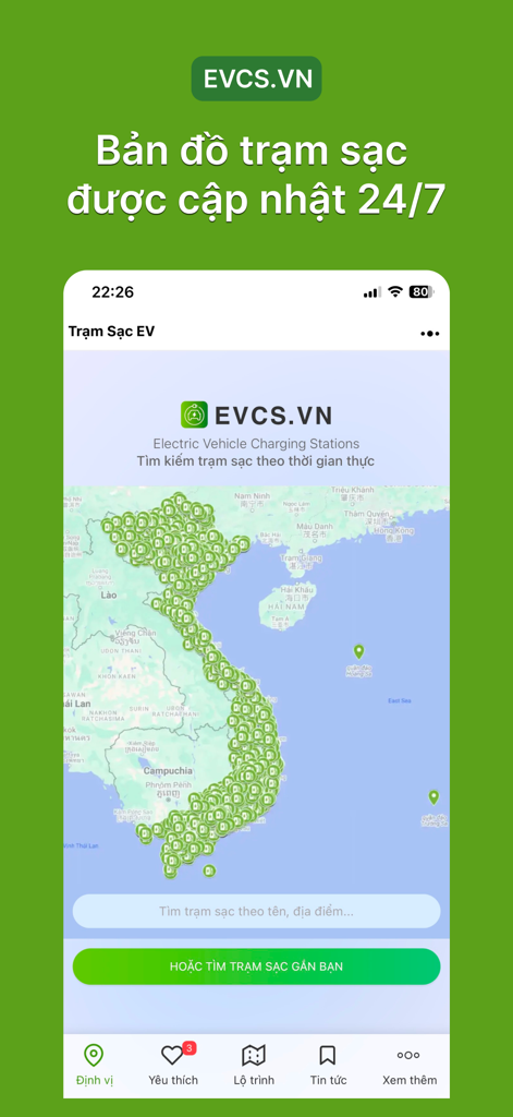 Real-time electric vehicle charging station map of Vietnam on the Tram Sac EV app interface