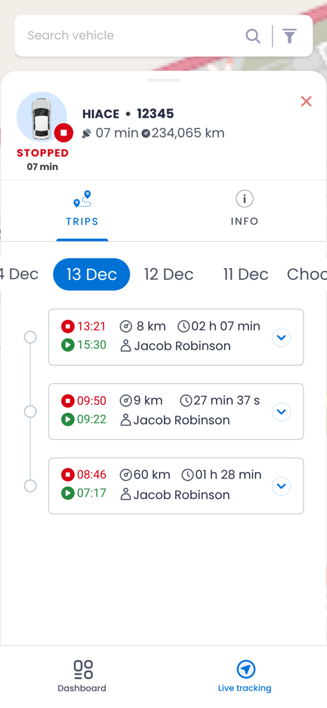 FAMS Mobile - Fleet Management - Vehicle trip history and driver identification log in the FAMS Mobile fleet management app