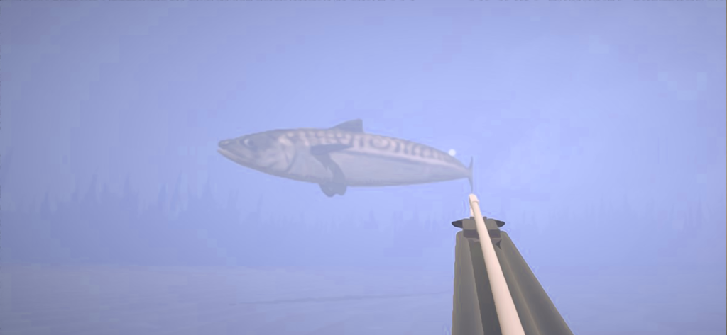 Spearfishing Simulator - First-person perspective of a speargun aiming at a fish underwater