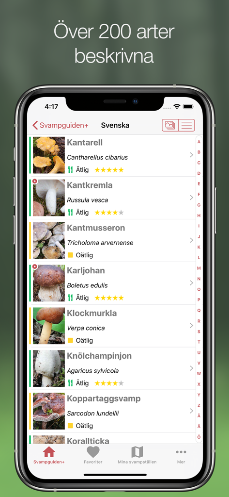 Svampguiden+ - Smartphone screen showing a list of mushroom species with names and edibility ratings in the Svampguiden plus app