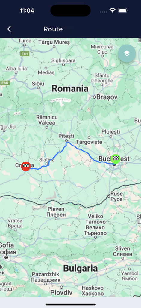 TrackGPS Fleet Management - Map view showing a vehicle route and tracking information in the TrackGPS Fleet Management app.