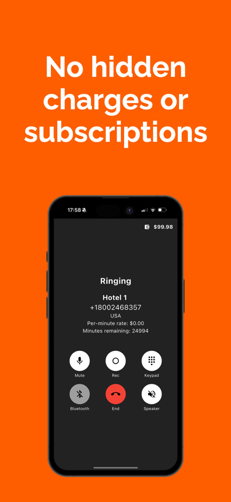 Mobile phone showing eFon app interface with no hidden charges or subscriptions message
