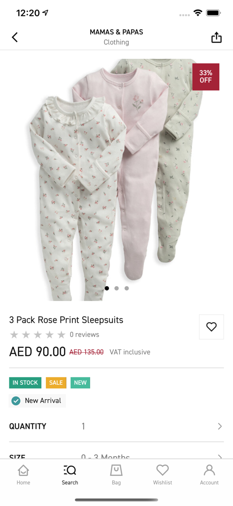 Produktseite für ein 3er-Pack Baby-Schlafanzüge mit Rosenmuster in der Mamas und Papas Shopping-App