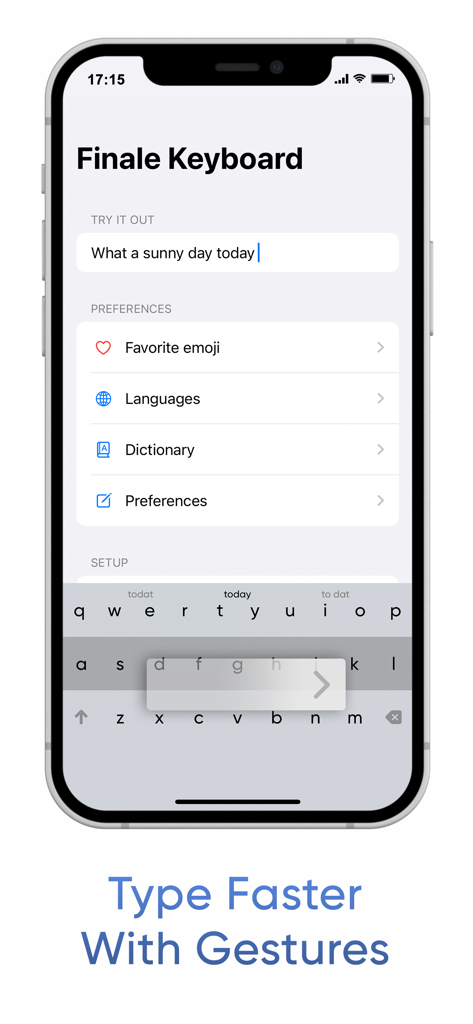 Finale Keyboard - Finale Keyboard app interface on an iPhone showing the gesture typing feature and settings menu
