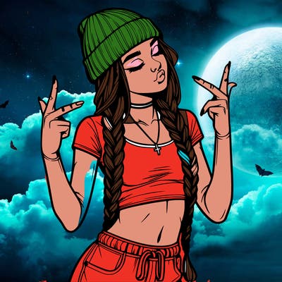 realistic teenage girl with braids and a beanie and crop top doing 🫶🏼