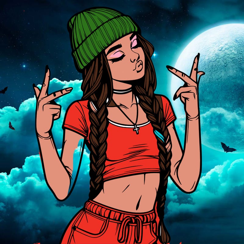 realistic teenage girl with braids and a beanie and crop top doing 🫶🏼