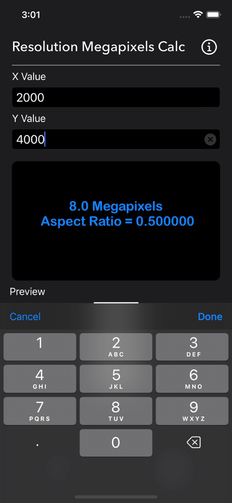 Megapixels Resolution Calc - Interface of Megapixels Resolution Calc app showing a calculation of 8 megapixels from 2000 by 4000 pixel values
