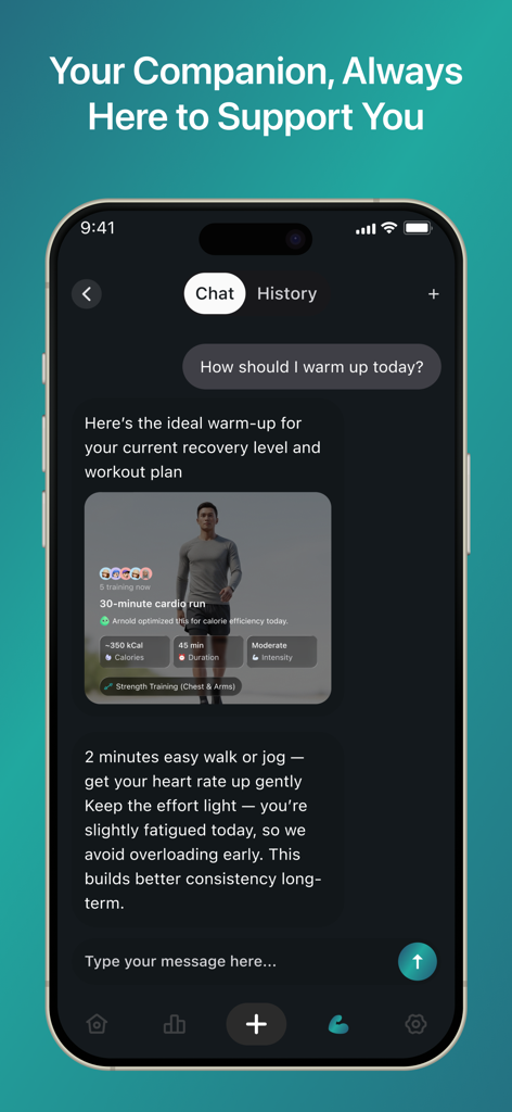 Arnold AI Fitness - Arnold AI Fitness app chat interface showing a personal AI coach providing a tailored warm-up recommendation based on recovery data.