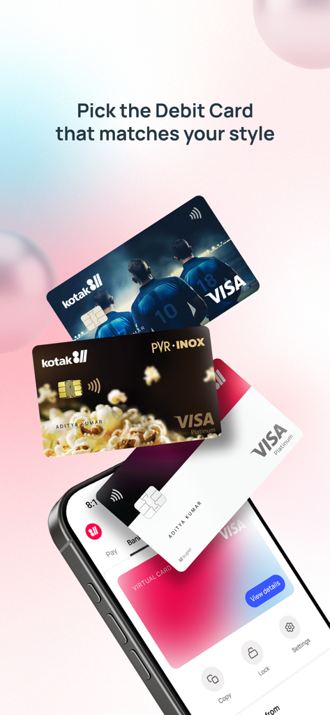Various personalized debit card designs displayed in the Kotak 811 mobile app interface