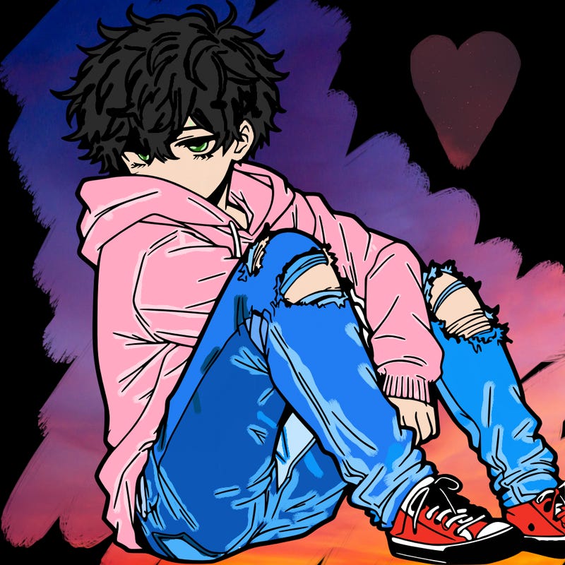 a male hoddie ripped jeans messy hair anime