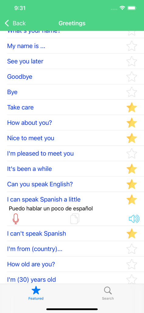 Learn Spanish Language Offline - List of common Spanish greetings and phrases in the Learn Spanish Language Offline app interface.