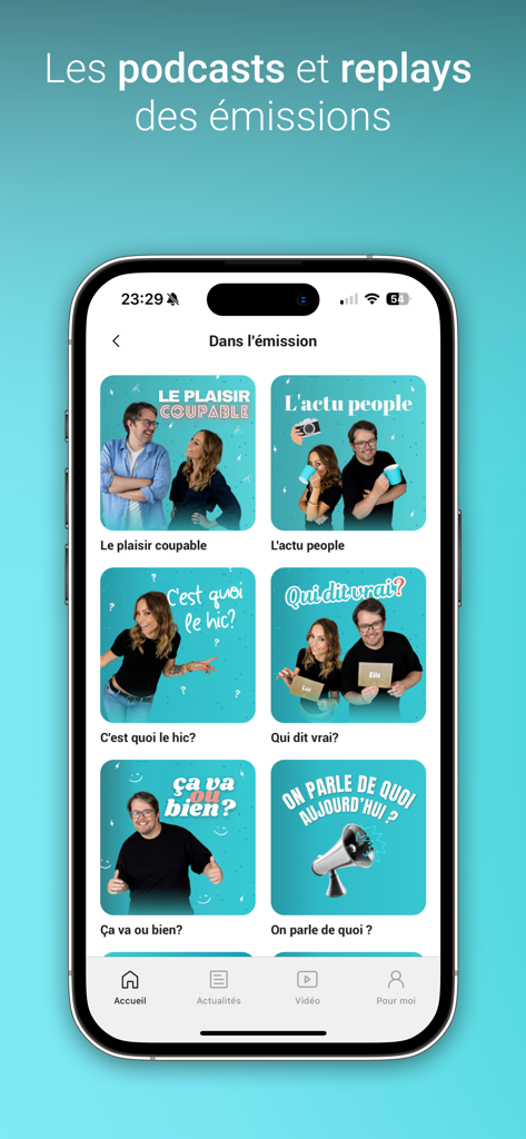 Radio Lac - Radio Lac app screen displaying a selection of French podcasts and radio show replays