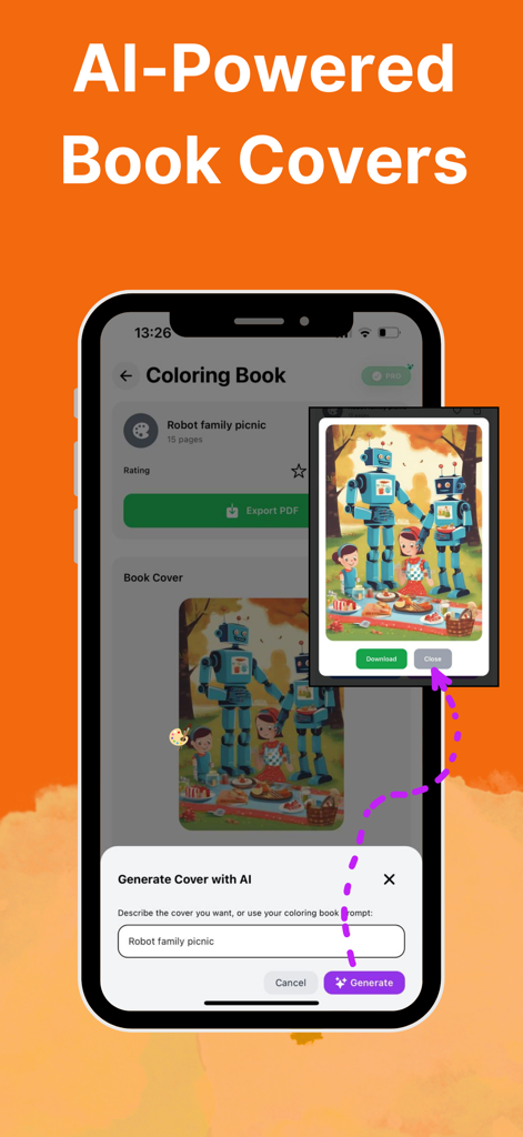 Painty: AI Printable Pages - Uma interface de smartphone mostrando o aplicativo Painty gerando uma capa de livro com IA de um piquenique em família de robôs.