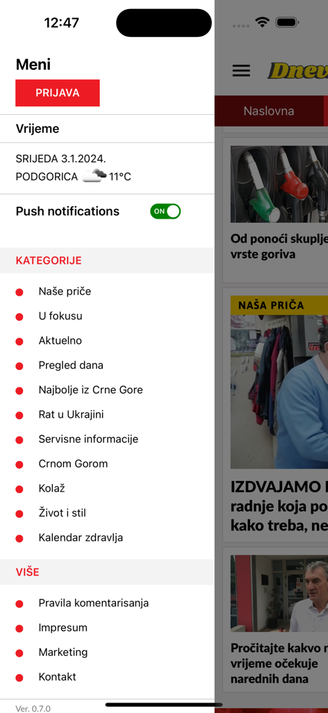 Dnevno.me - Menu screen of the Dnevno.me mobile app showing news categories and settings.