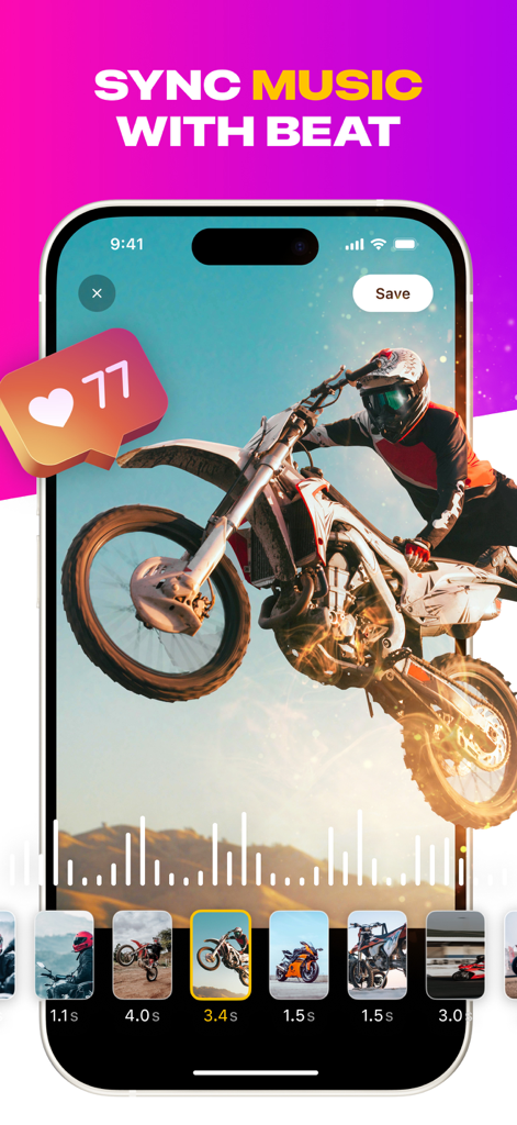 Flix app interface showing how to sync music with the beat in a motocross video