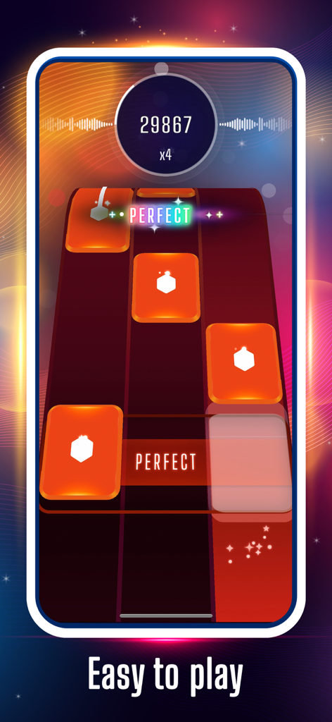 Tap Tap Hero: Be a Music Hero - Jugabilidad móvil del juego de ritmo Tap Tap Hero con teclas naranjas cayendo e indicador de puntuación perfecta