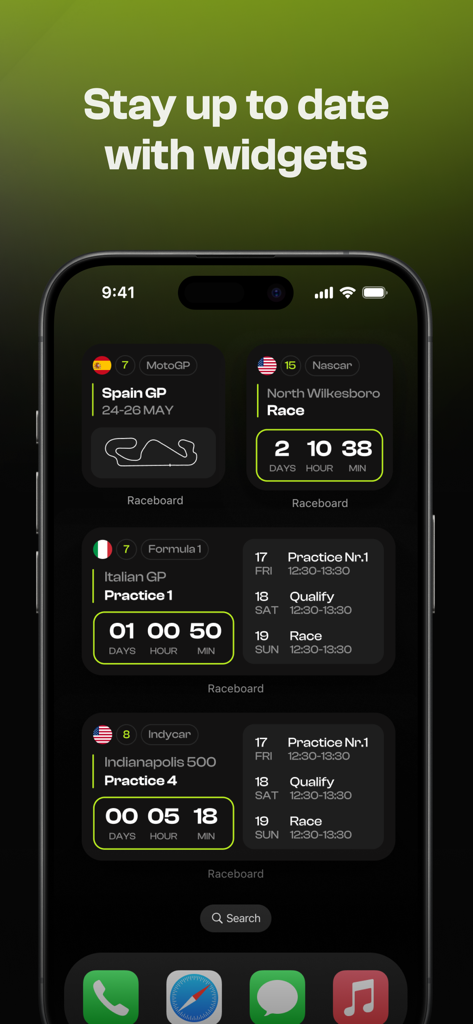 Raceboard - Racing Widgets - iOS home screen displaying multiple Raceboard widgets for MotoGP, NASCAR, Formula 1, and IndyCar racing schedules and countdowns