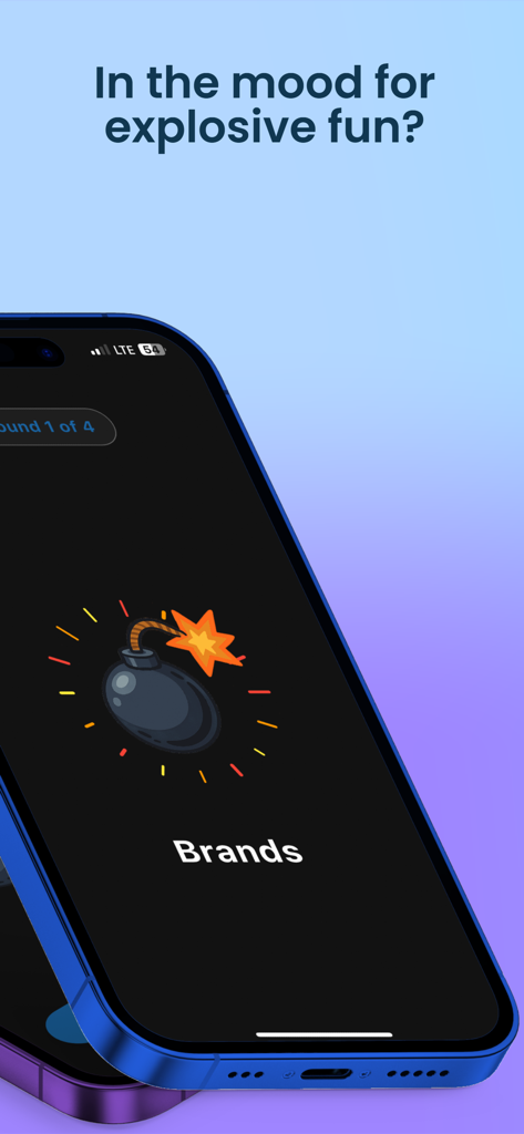 Smartphone screen showing the Party Bomb game with a ticking bomb icon and the Brands category title