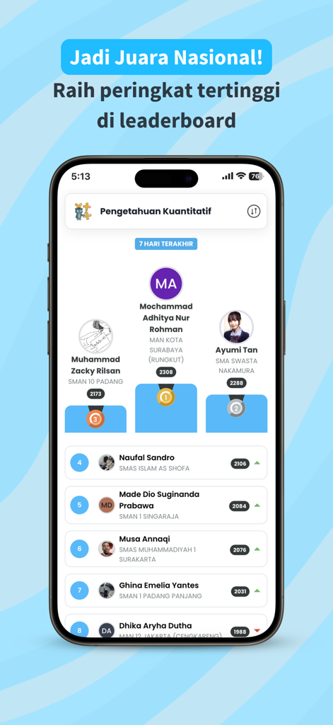 A national leaderboard interface in the Skuling app showing student rankings and scores for UTBK exam preparation.