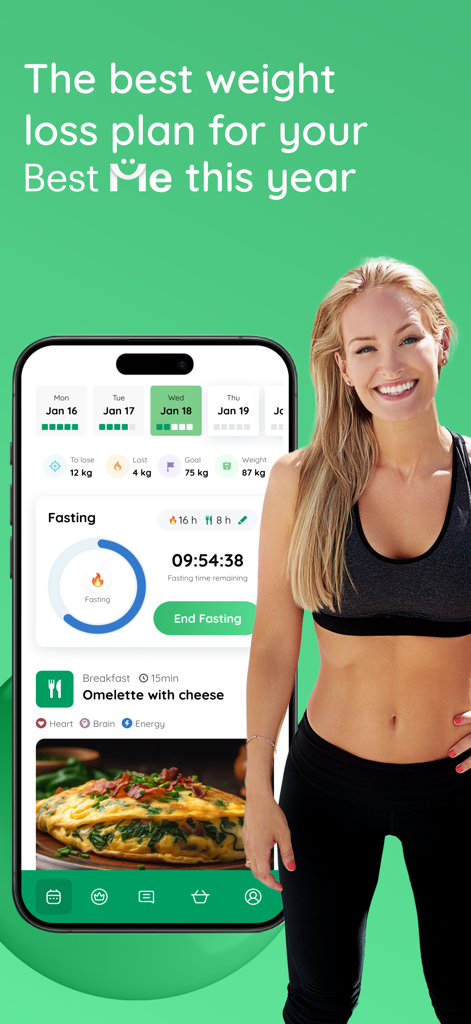 Best.Me app interface on a smartphone showing a fasting timer and nutrition plan with a smiling woman.