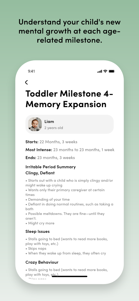 Screenshot der App The Observant Mom, der eine Beschreibung einer Kleinkind-Meilenstein für Gedächtniserweiterung anzeigt, einschließlich Verhaltens- und Schlafzusammenfassungen