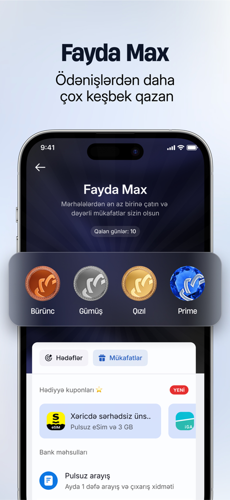 ABB mobile: Təhlükəsiz Bank - Fayda Max 로열티 등급 및 보상 쿠폰을 보여주는 ABB mobile 앱 화면