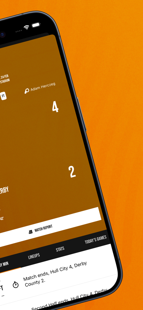 Hull City - Smartphone screen of the Hull City Official App showing a match score of four to two