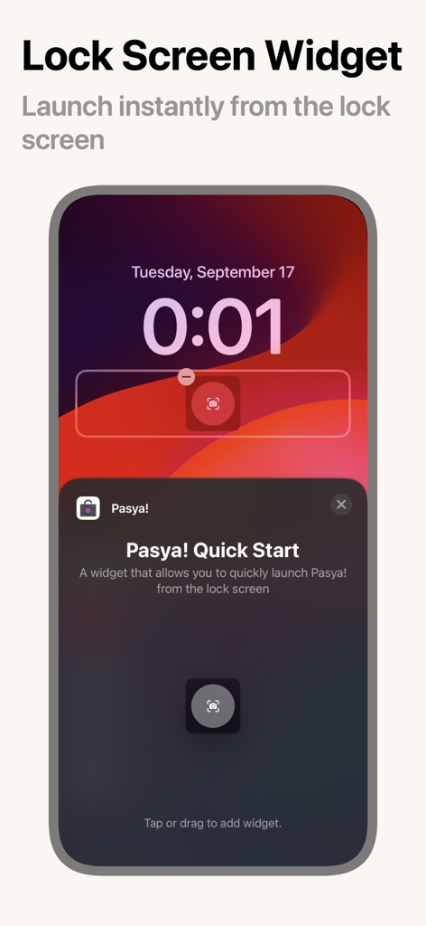 Pasya! - The Fastest Camera - iPhone lock screen showing the Pasya camera app quick start widget for instant launch.