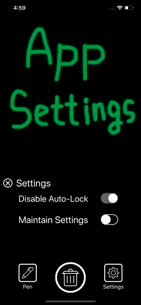 Schreibtafel-App-Einstellungsmenü mit Optionen zum Deaktivieren der automatischen Sperre und zum Beibehalten von Einstellungen