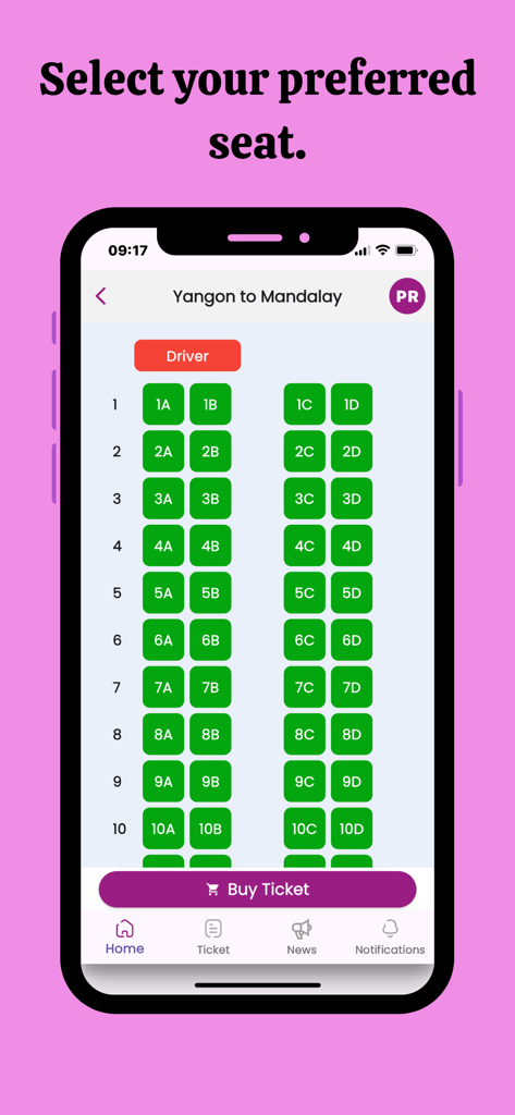 JJ Express Myanmar - JJ Express Myanmar mobile app interface showing a bus seat map for selection on the Yangon to Mandalay route