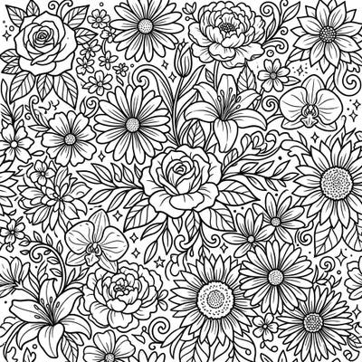 Dive into a world of botanical beauty with this exquisite floral line art coloring page. Featuring a dense tapestry of roses, lilies, and daisies, it offers a delightful challenge for all coloring enthusiasts.