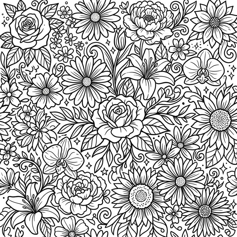 Dive into a world of botanical beauty with this exquisite floral line art coloring page. Featuring a dense tapestry of roses, lilies, and daisies, it offers a delightful challenge for all coloring enthusiasts.