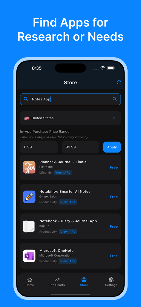 AppSpy search interface for mobile app research showing results for notes apps and purchase price filters.
