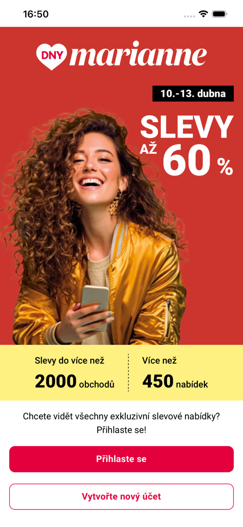 Dny Marianne app welcome screen showing a woman with a smartphone advertising up to 60 percent discounts and login options