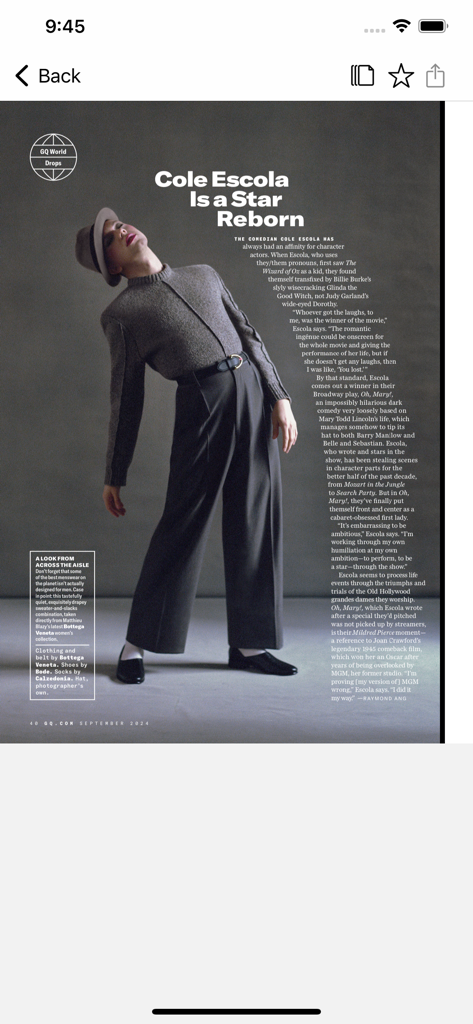 GQ - Una página de revista digital dentro de la app de GQ con un artículo de alta moda y fotografía de Cole Escola.