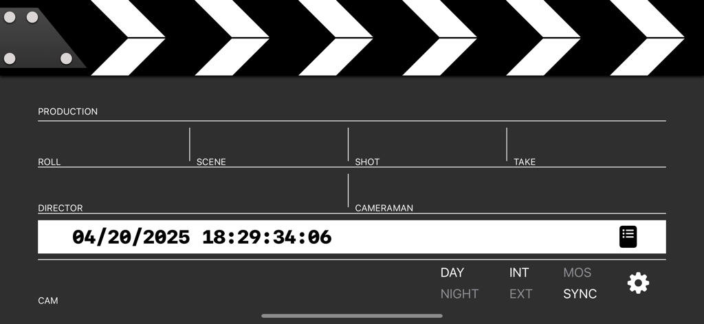 ClapperBoard - Scene Tracker - A digital clapperboard interface for film production featuring fields for production name, roll, scene, shot, and take details.