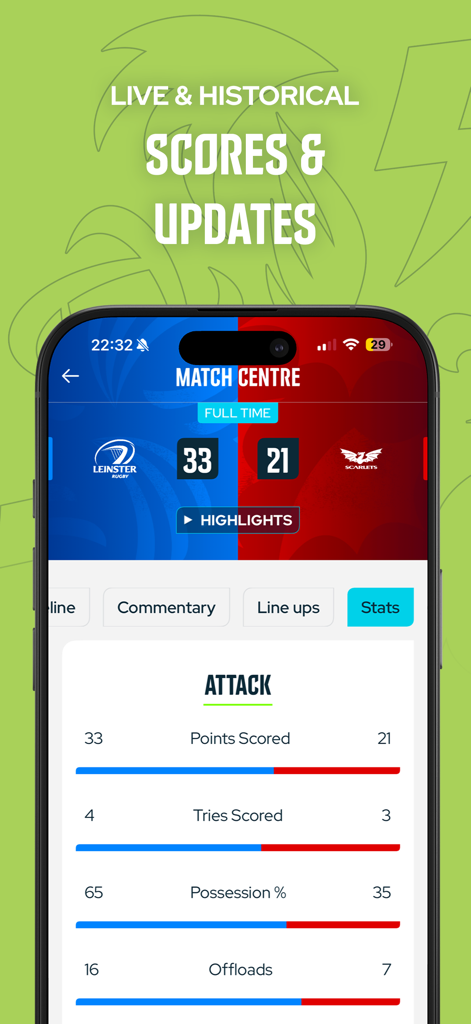 United Rugby Championship app Match Centre showing scores and attack statistics for Leinster versus Scarlets