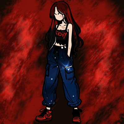 girl in baggy pants crop top and long hair