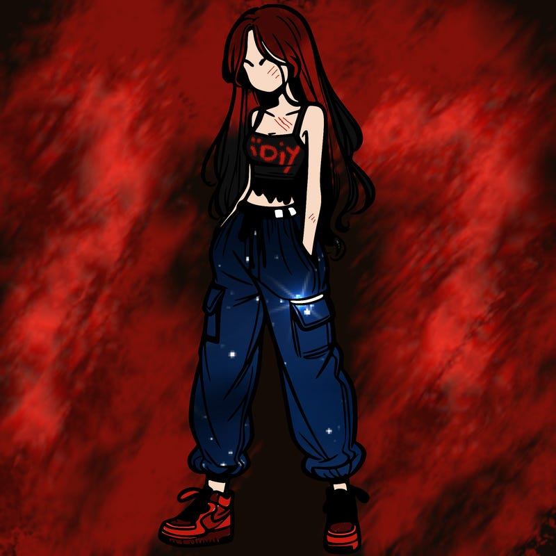 girl in baggy pants crop top and long hair