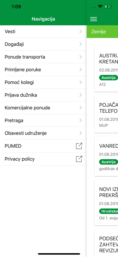 PumedTrans - Navigation sidebar of the PumedTrans app showing news events and transport offers in Serbian