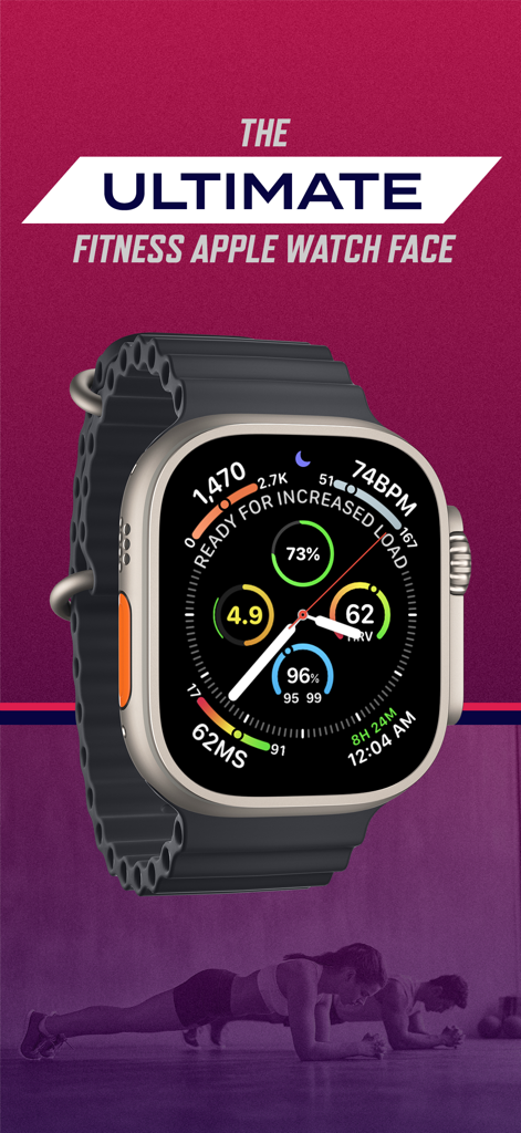 Athlytic app showing the ultimate fitness watch face on an Apple Watch with recovery and exertion metrics