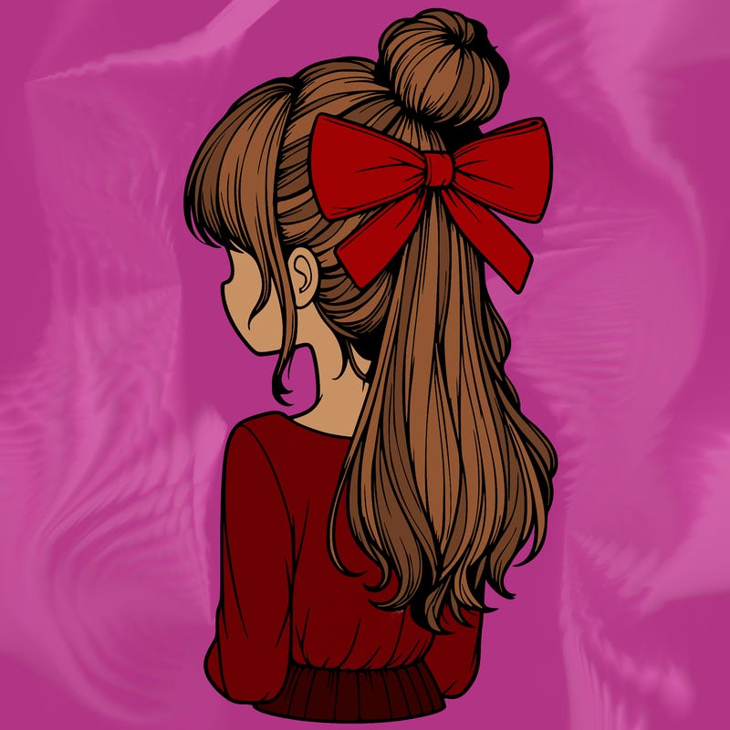 realistic girl  with hip length hair a bun and a big bow on the back of head