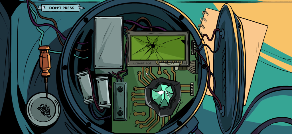 Parallel Experiment - Énigme de circuit électronique avec un écran fissuré et une gemme verte brillante dans un style artistique bande dessinée.