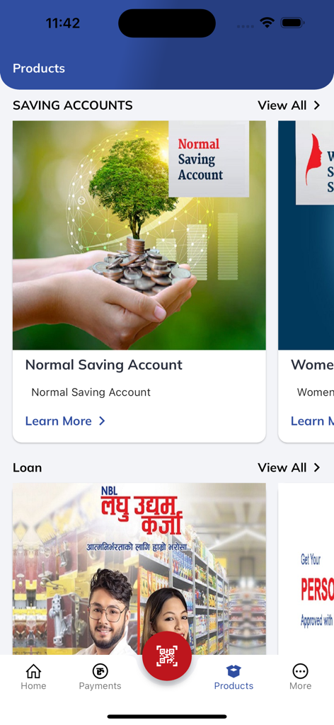 NBL BankSmart XP - NBL BankSmart XP app Products screen displaying savings account and loan options
