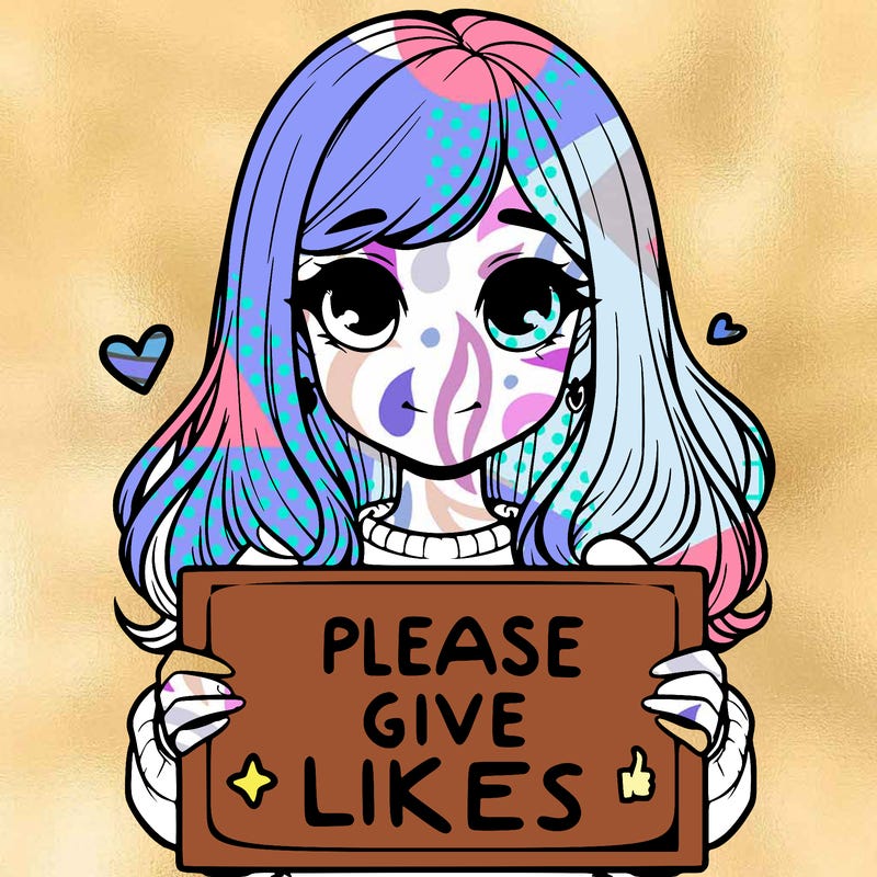 realistic girl that is holding a sign that says please give likes