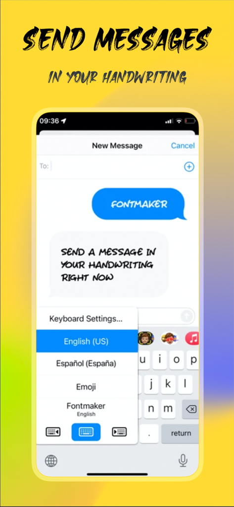 iPhone screen showing text messages written in a custom handwriting font with the keyboard settings menu open