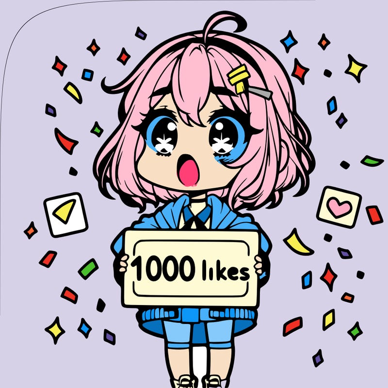 a chibi girl with a shocked expression with a sign that says "1000 likes" with confetti around her