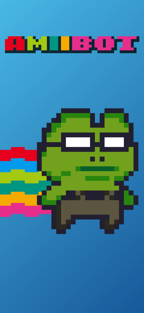 AmiiBot - AmiiBot app splash screen with a green pixel art frog and colorful rainbow trail