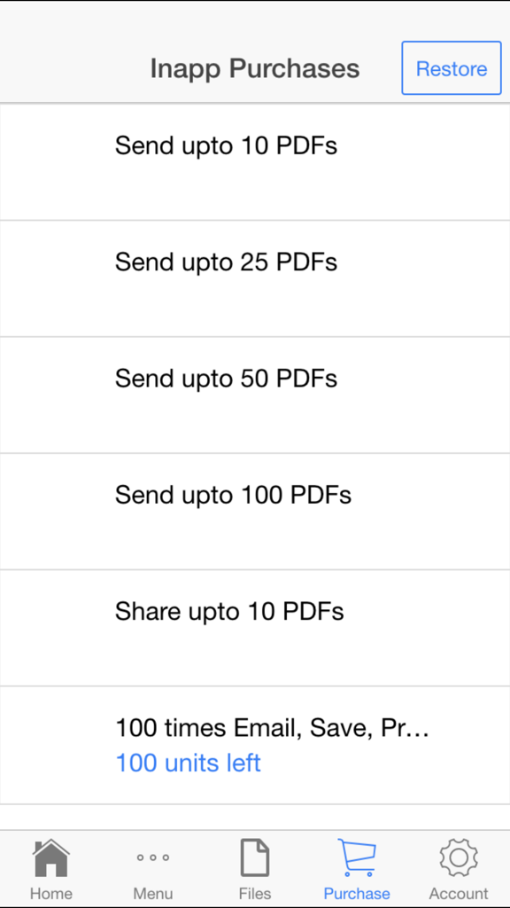Rent Receipt - In-app purchase screen for the Rent Receipt app showing various PDF sending and sharing options.
